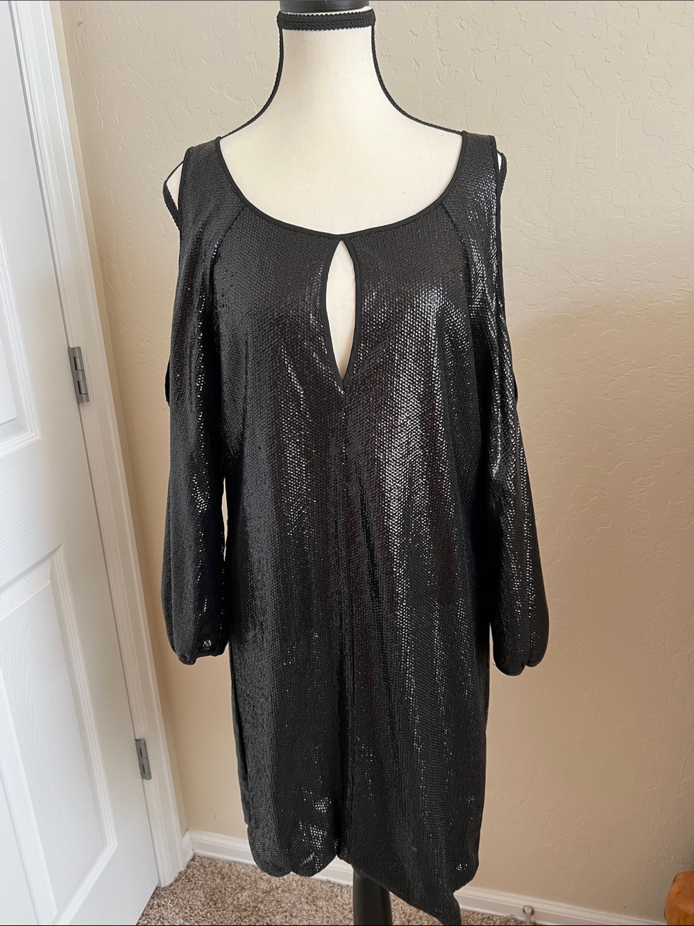 BCBGMaxAzria Black Sequin Cold-Shoulder Midi Dress